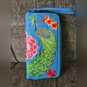Embroidered Peacock Wristlet Wallet